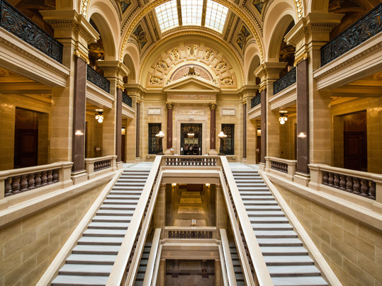 Interior photograph of the architecture of the State Capitol, in Madison, Wisconsin. Entrance to the Supreme Court of the state of Wisconsin.