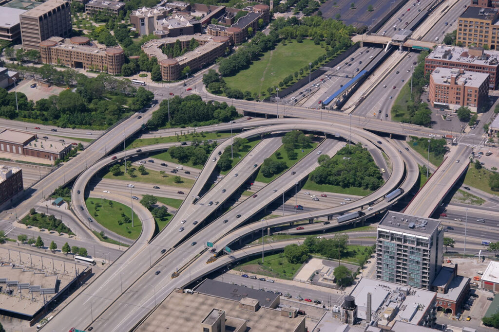 Aerial view of a highway interchange in Chicago, Illinois (I-290 & I90/94)